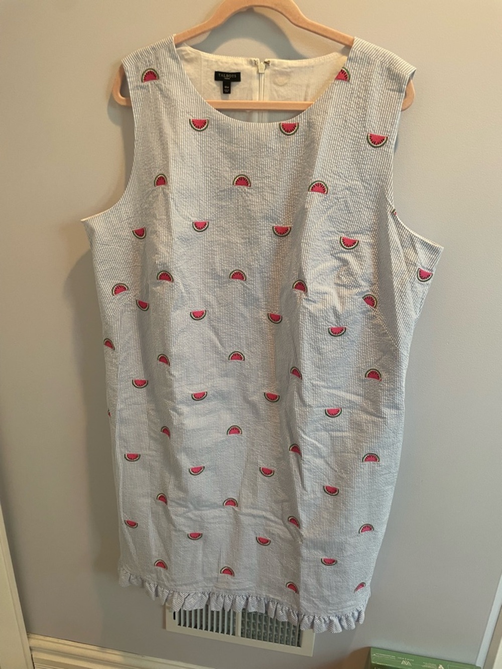 Talbots Seersucker Sleeveless Knee Length Dress with Pink Watermelon Embroidery
